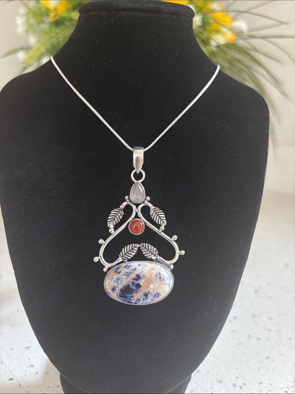 Sterling Silver Sodalite Carnelian Gemstone Pendant Necklace